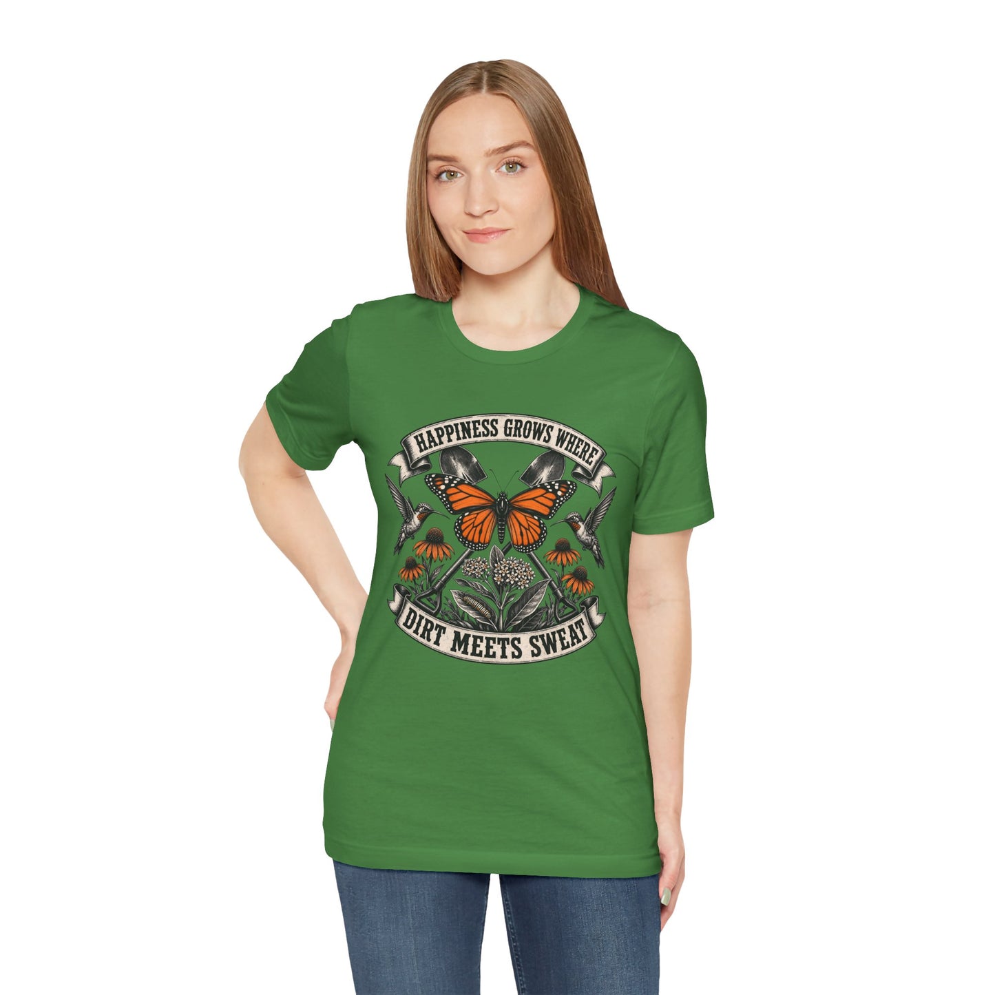Happiness grows where dirt meets sweat, Gardener Gift for Pollinator Lover, Native Plant Enthusiast, Unisex Cotton Tee