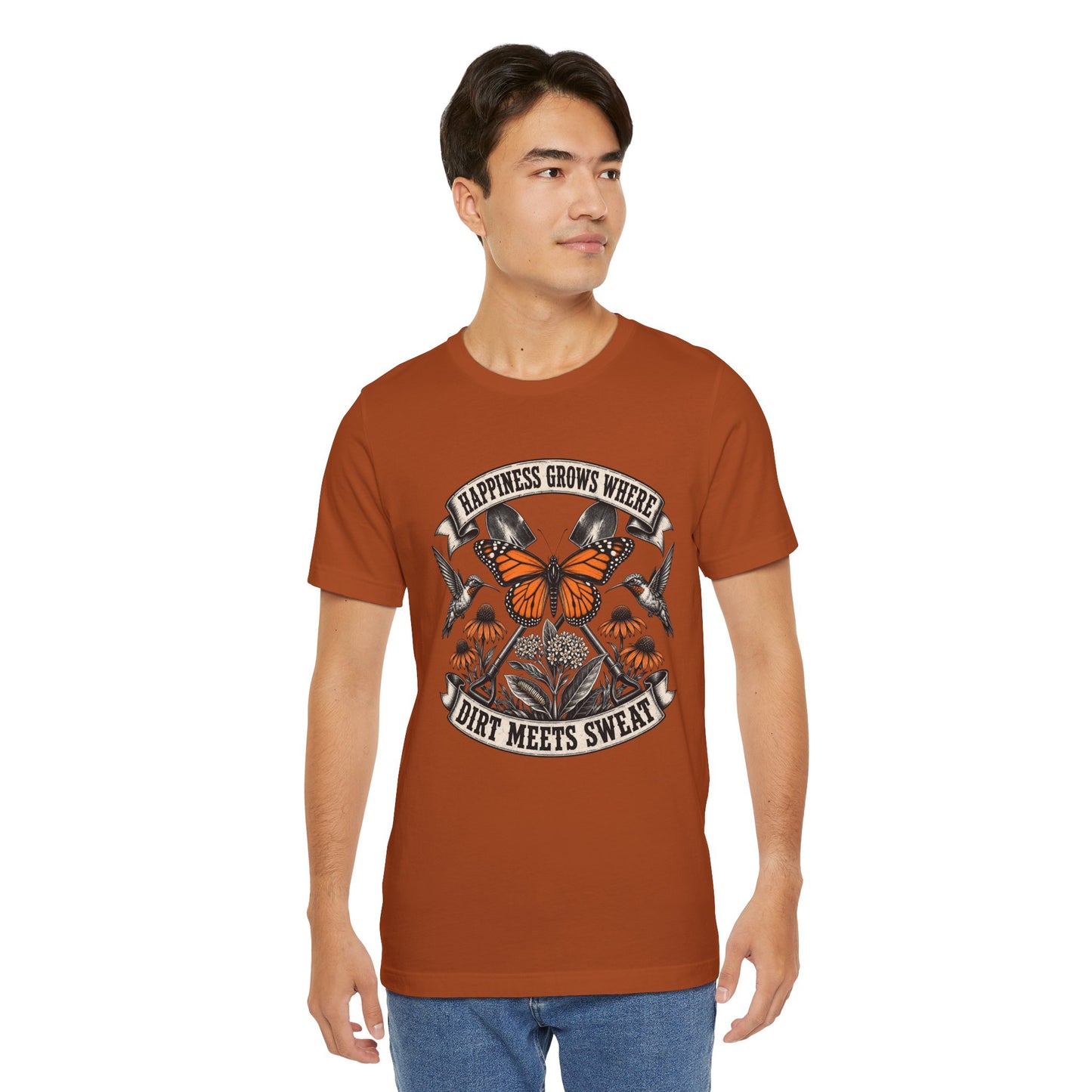 Happiness grows where dirt meets sweat, Gardener Gift for Pollinator Lover, Native Plant Enthusiast, Unisex Cotton Tee