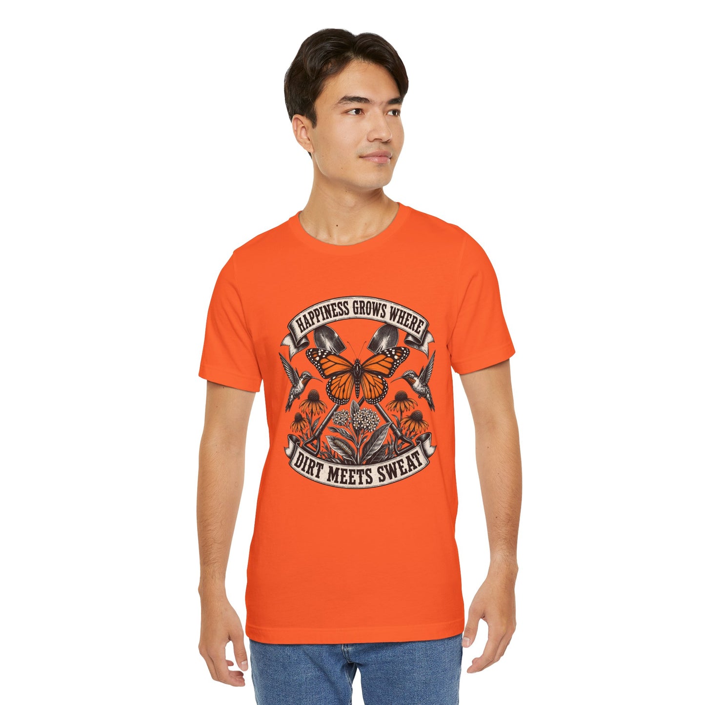 Happiness grows where dirt meets sweat, Gardener Gift for Pollinator Lover, Native Plant Enthusiast, Unisex Cotton Tee