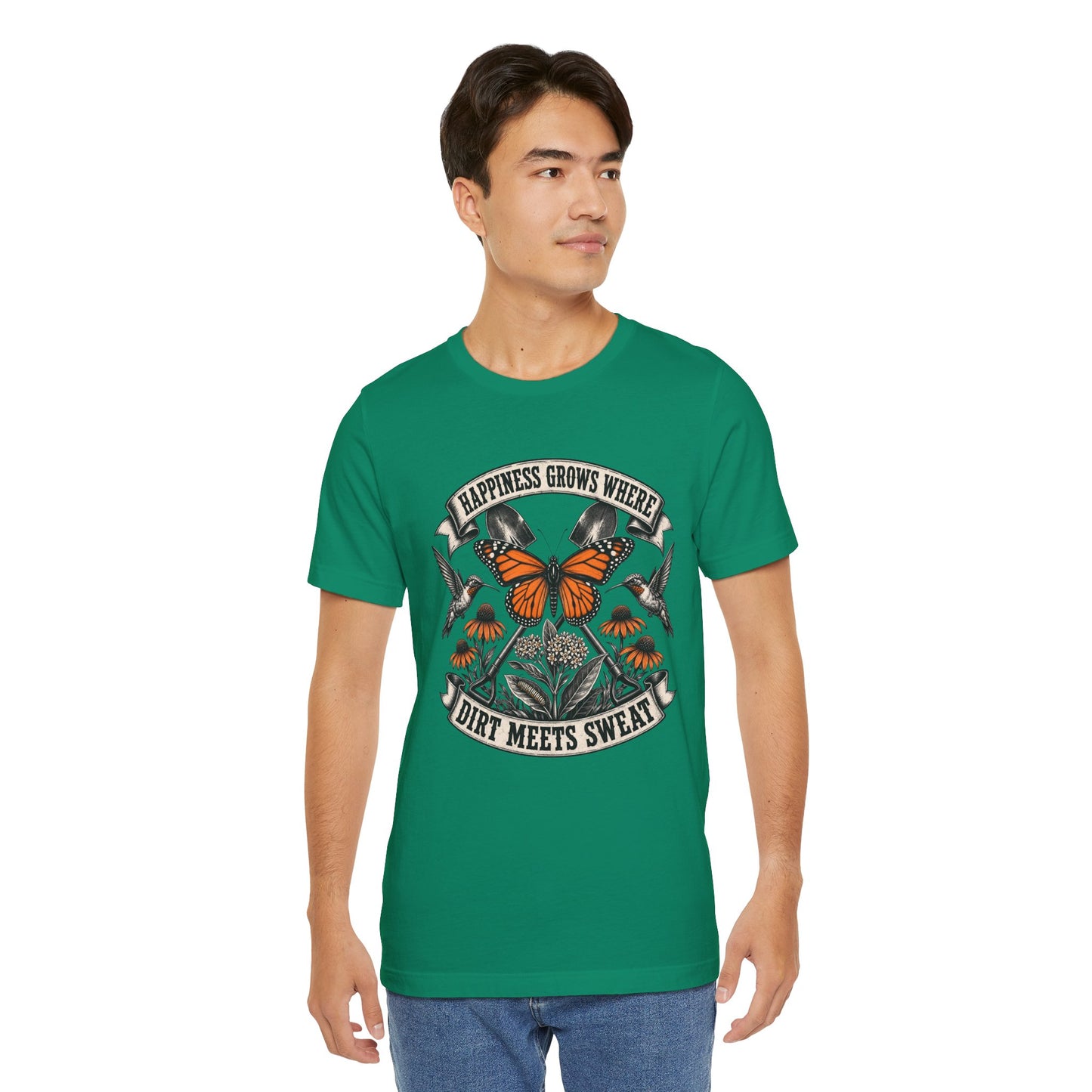 Happiness grows where dirt meets sweat, Gardener Gift for Pollinator Lover, Native Plant Enthusiast, Unisex Cotton Tee