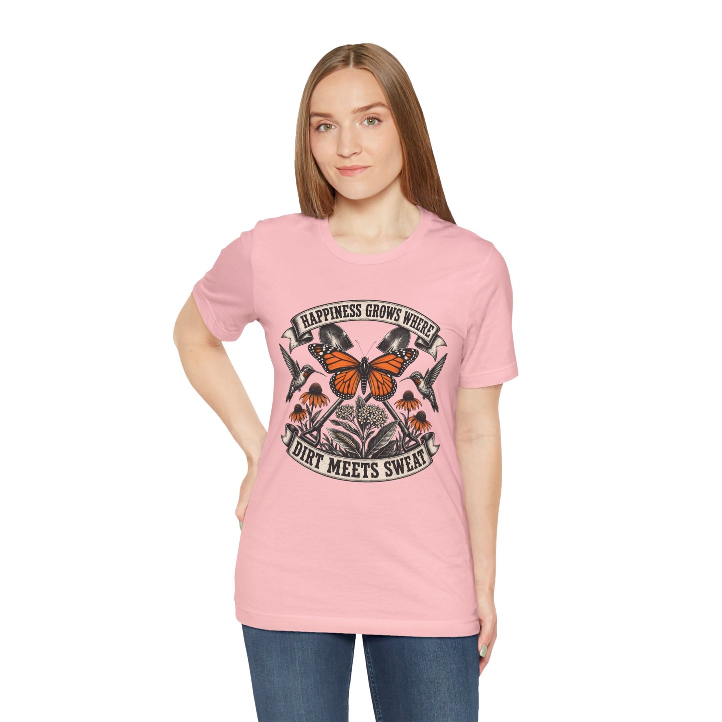 Happiness grows where dirt meets sweat, Gardener Gift for Pollinator Lover, Native Plant Enthusiast, Unisex Cotton Tee