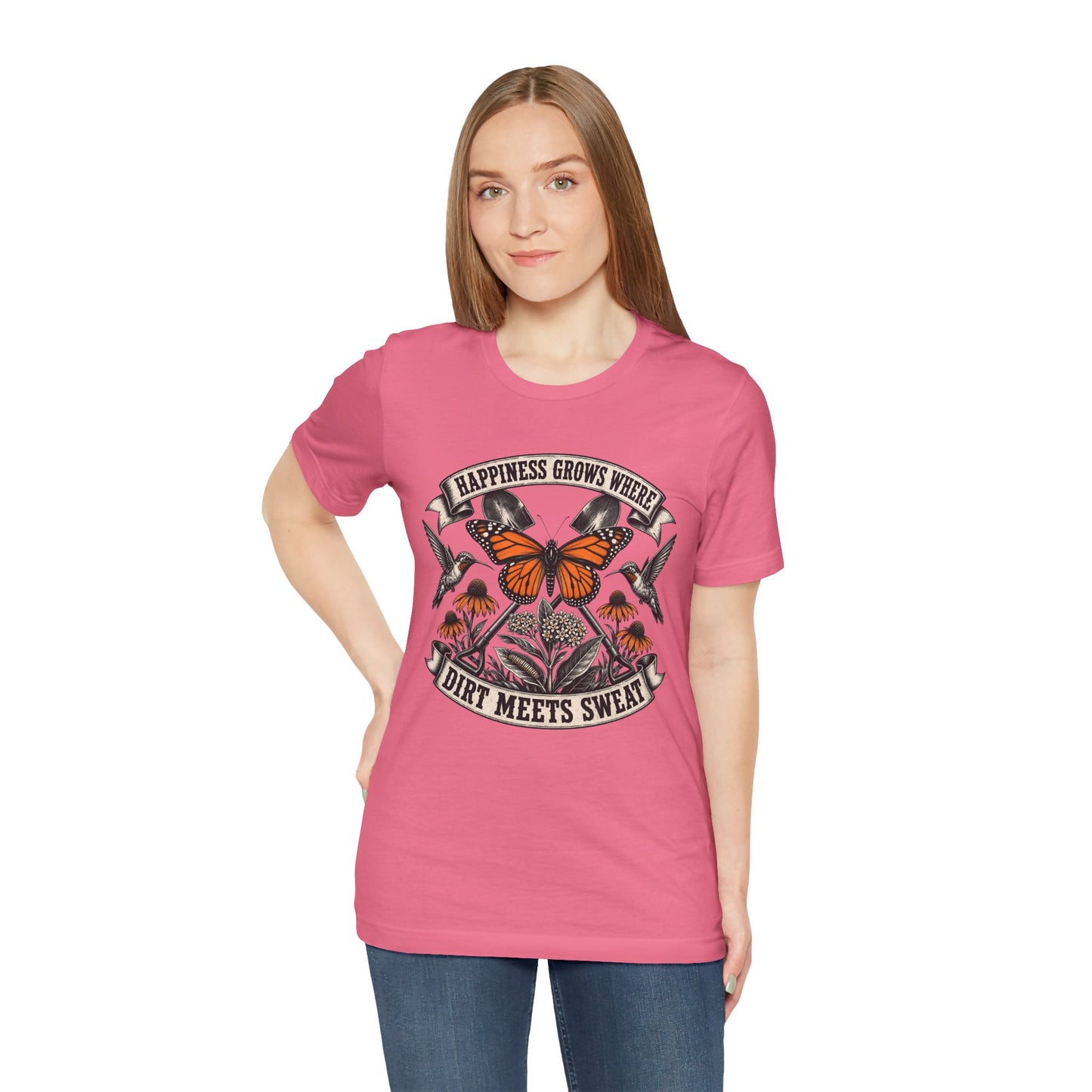 Happiness grows where dirt meets sweat, Gardener Gift for Pollinator Lover, Native Plant Enthusiast, Unisex Cotton Tee