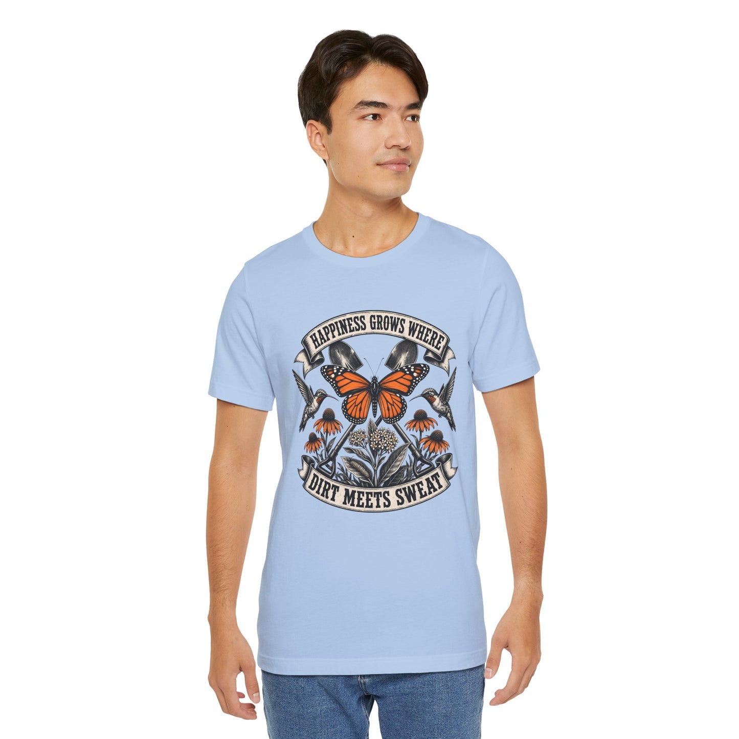 Happiness grows where dirt meets sweat, Gardener Gift for Pollinator Lover, Native Plant Enthusiast, Unisex Cotton Tee