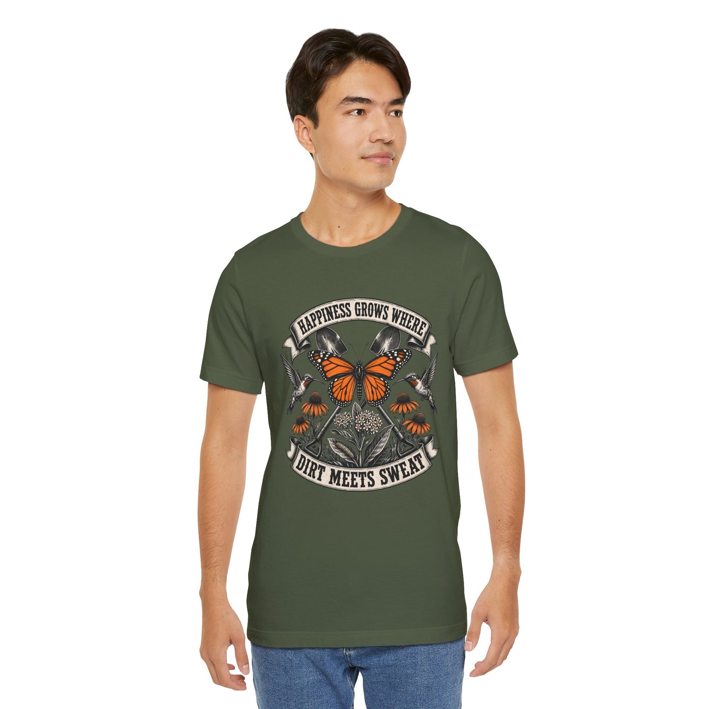 Happiness grows where dirt meets sweat, Gardener Gift for Pollinator Lover, Native Plant Enthusiast, Unisex Cotton Tee