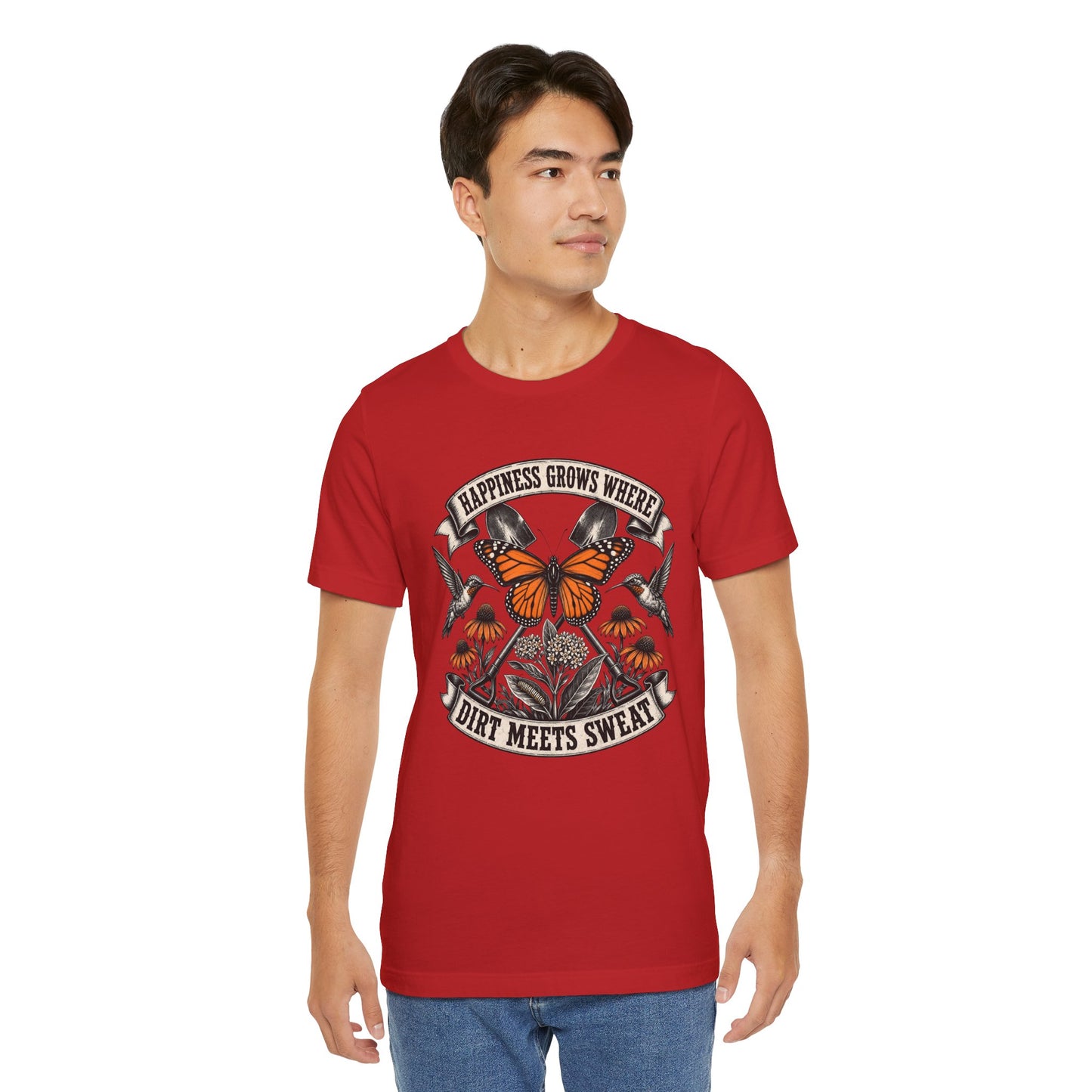 Happiness grows where dirt meets sweat, Gardener Gift for Pollinator Lover, Native Plant Enthusiast, Unisex Cotton Tee