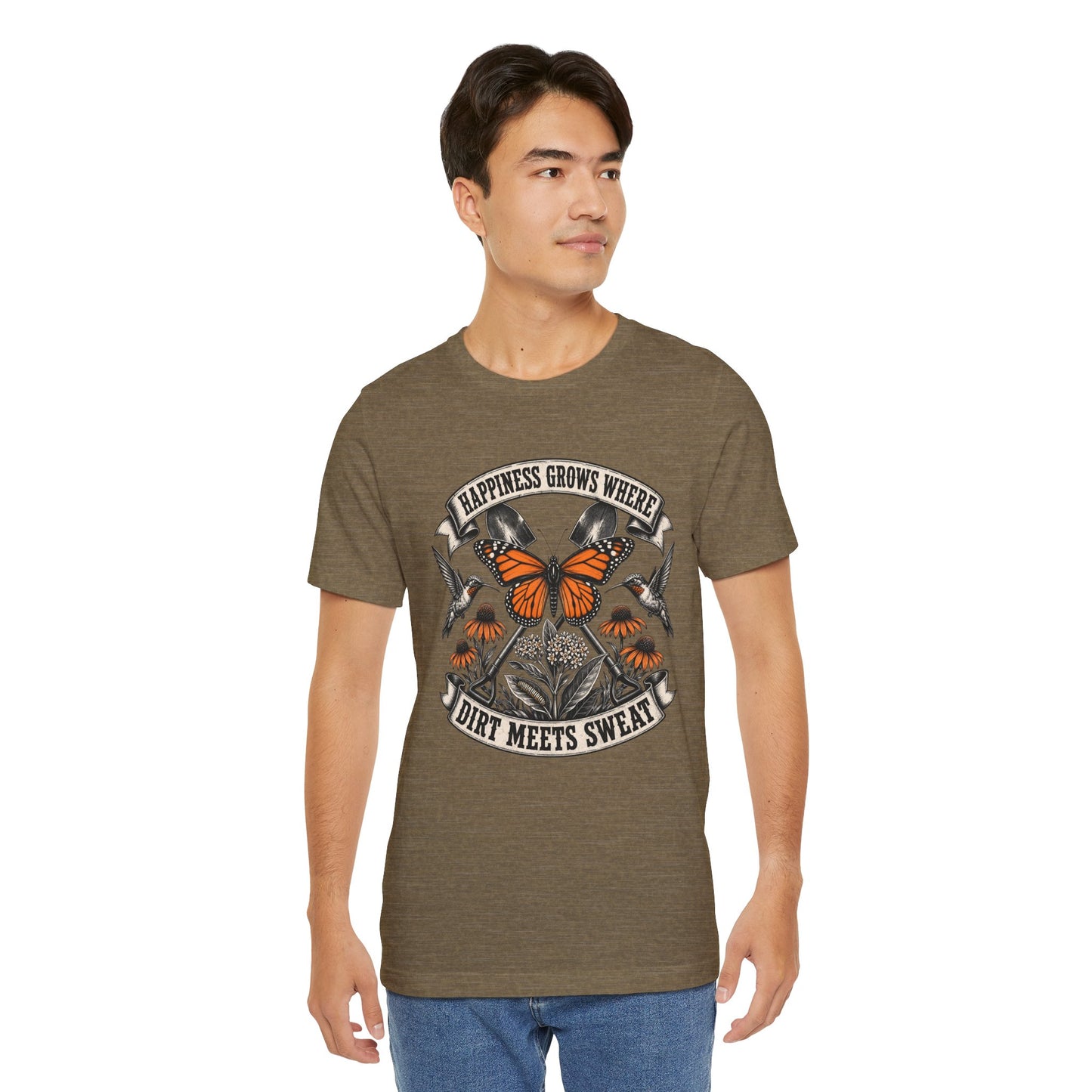 Happiness grows where dirt meets sweat, Gardener Gift for Pollinator Lover, Native Plant Enthusiast, Unisex Cotton Tee