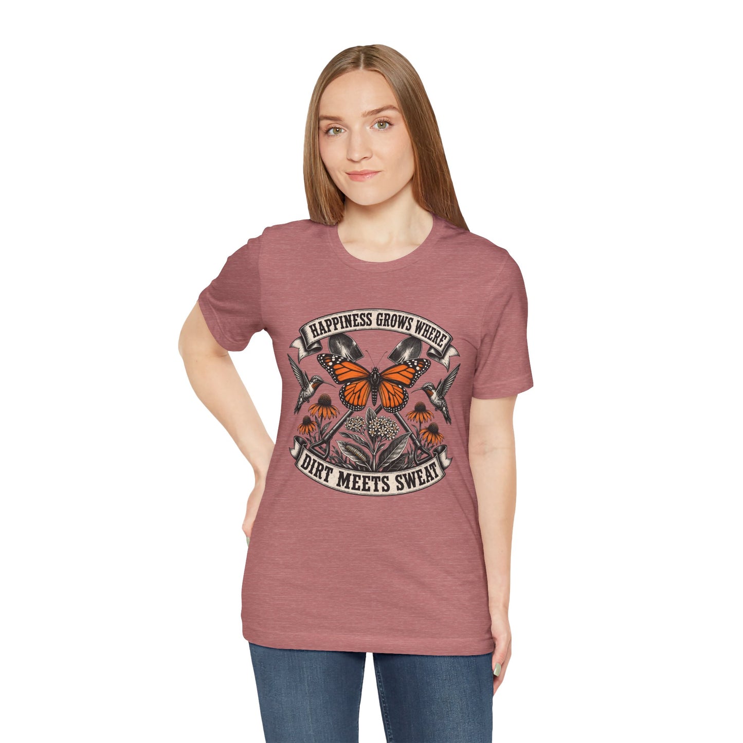 Happiness grows where dirt meets sweat, Gardener Gift for Pollinator Lover, Native Plant Enthusiast, Unisex Cotton Tee