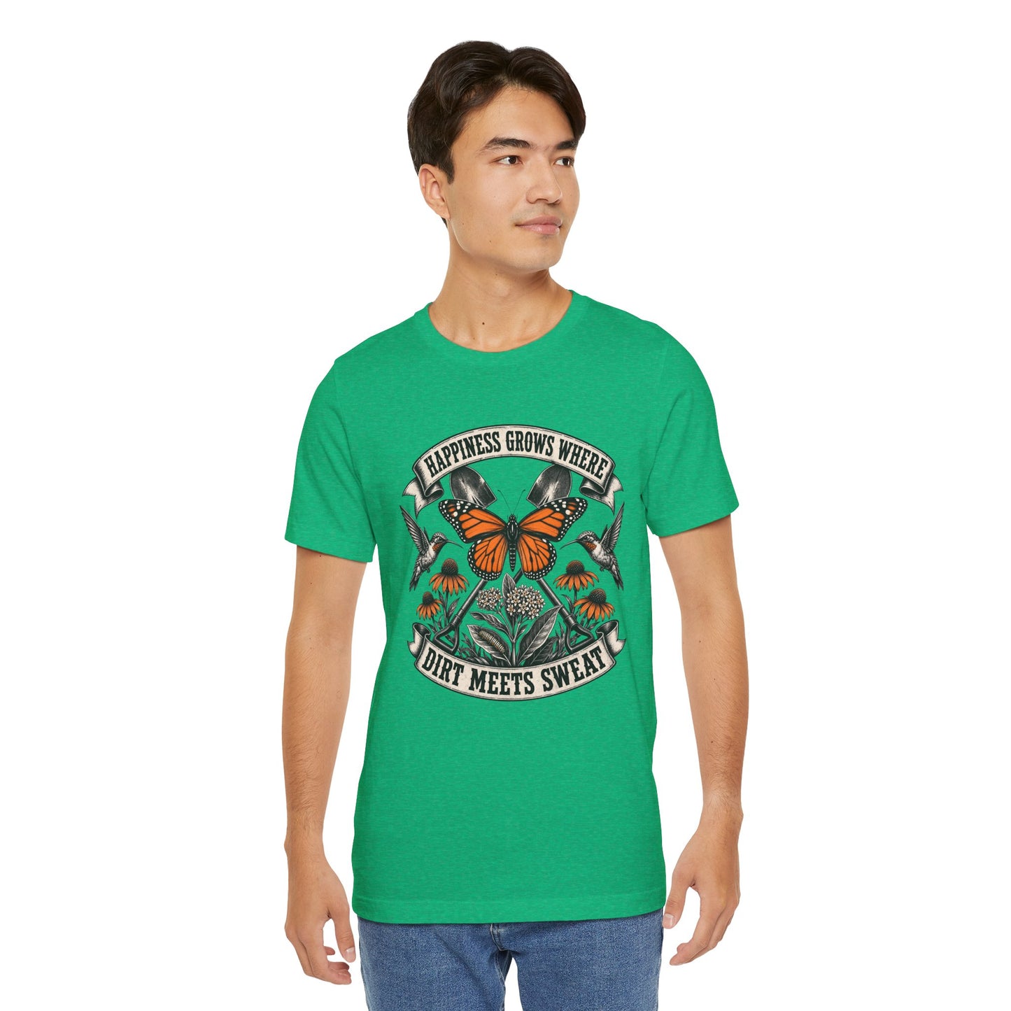Happiness grows where dirt meets sweat, Gardener Gift for Pollinator Lover, Native Plant Enthusiast, Unisex Cotton Tee