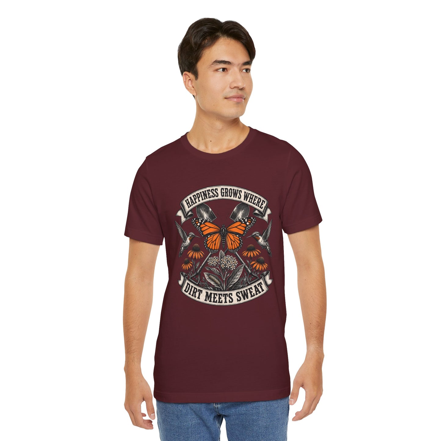 Happiness grows where dirt meets sweat, Gardener Gift for Pollinator Lover, Native Plant Enthusiast, Unisex Cotton Tee