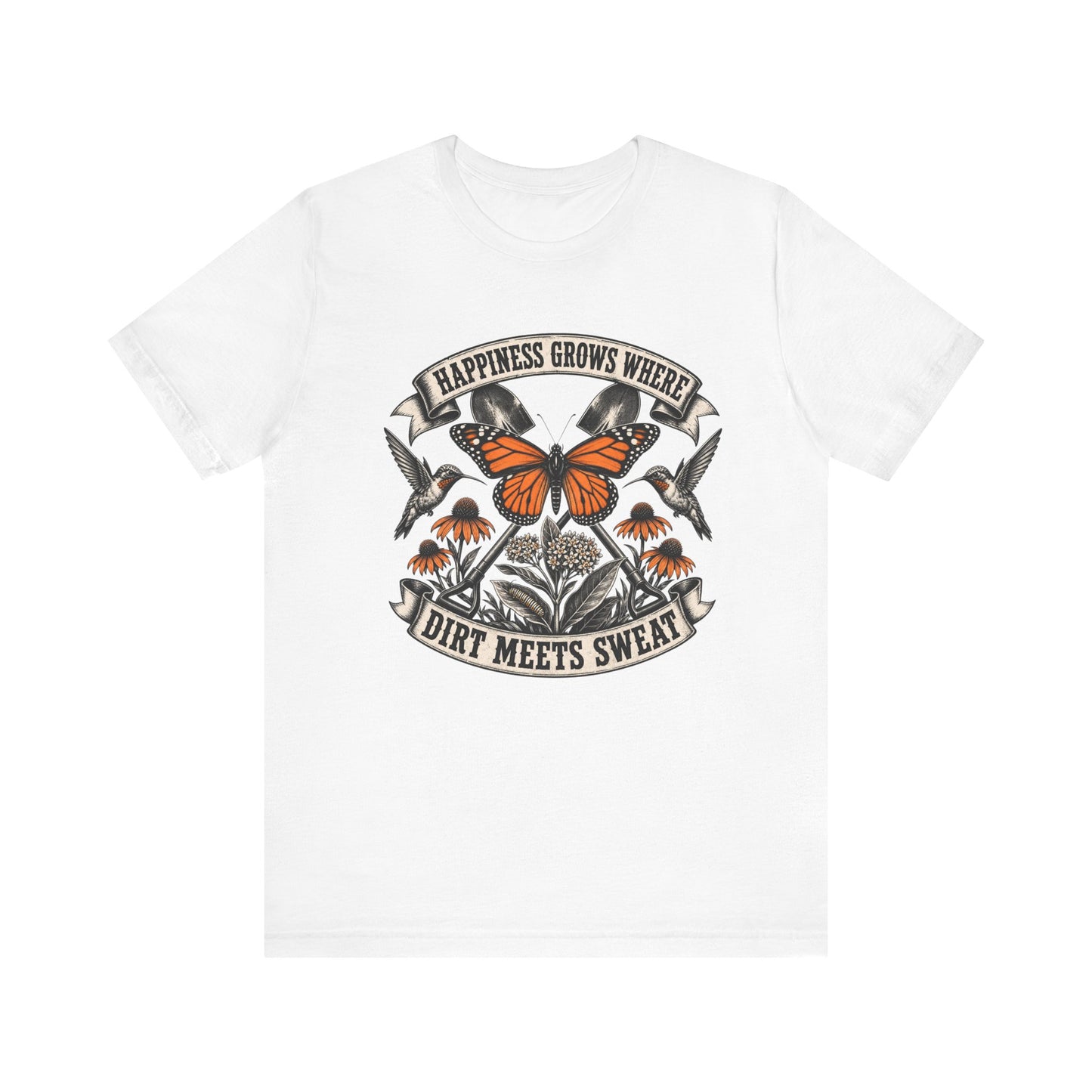 Happiness grows where dirt meets sweat, Gardener Gift for Pollinator Lover, Native Plant Enthusiast, Unisex Cotton Tee